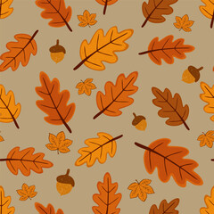 Autumn seamless pattern with stylized leaves and acorns in warm tones. Repeating fall design for fabric, packaging, stationery, home decor and seasonal creative projects.