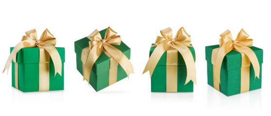 Set of green gift box wrapped in green paper and decorated with gold ribbon and bow isolated on white background with clipping path. Christmas, Valentines Day or Birthday celebration themes.
