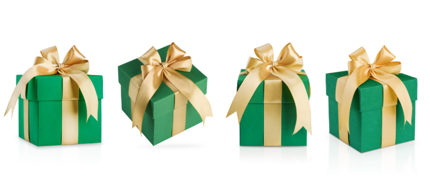 Set of green gift box wrapped in green paper and decorated with gold ribbon and bow isolated on white background with clipping path. Christmas, Valentines Day or Birthday celebration themes.
