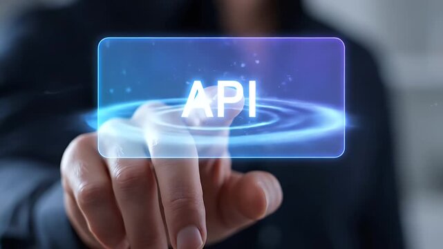Person Tapping Holographic Api Button on Blue and Purple Interface Displaying Connectivity and Data in Dark Background