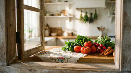 A colorful array of fresh vegetables on a rustic kitchen counter with a sunny window view, ideal for meal prep or interior design inspiration.