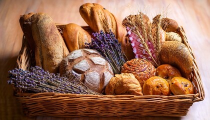 Obraz premium A Wicker Basket Overflowing With Assorted Breads Dried Flowers And Fruits Dried Wheat Stalks And Lavender Sprigs Are Prominent