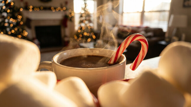 Enjoy a steaming cup of hot chocolate with a candy cane, perfect for holiday gatherings or festive celebrations.