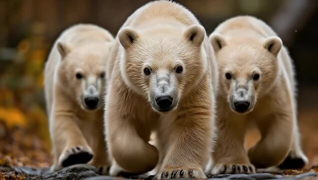 Three polar bear cubs are walking towards the camera.