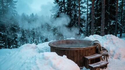 Winter Relaxation: Cozy Hot Tub in Snowy Forest