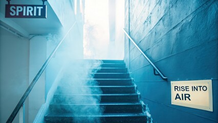 Staircase with soft blue light and a hazy stairway illusion
