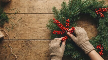 Crafting Festive Holiday Wreath on Wooden Table