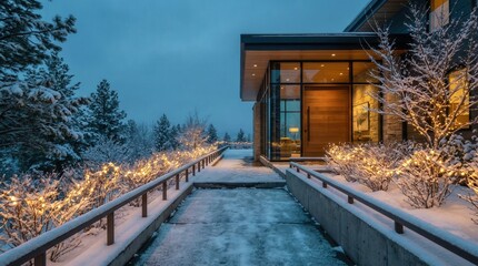 Winter Luxury Home Pathway Lit With Warm Lights