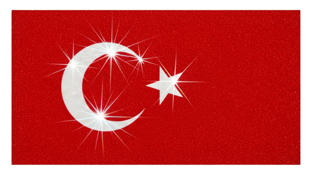 A textured red flag with a white crescent moon and star, both shining brightly