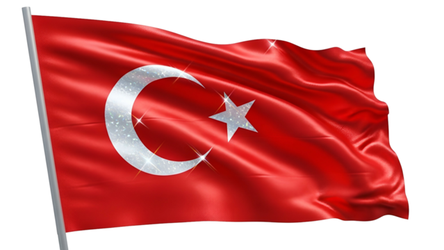Glossy waving flag of a nation with a red field, white crescent, and star, against black
