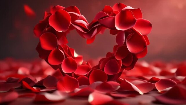 3D heart shape made of red rose petals, vibrant and smooth, forming an elegant and romantic heart shape