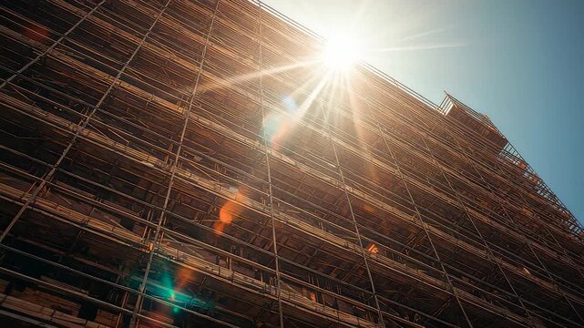 Sunlit construction scaffolding rising beside a modern building exterior with strong perspective, steel framework, and urban development atmosphere
