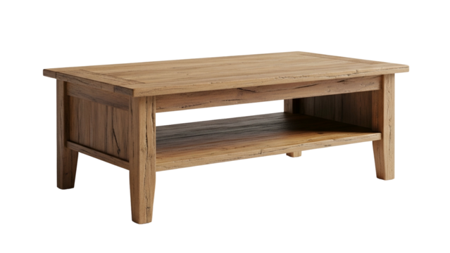 A light oak wooden coffee table with a lower shelf, isolated on black