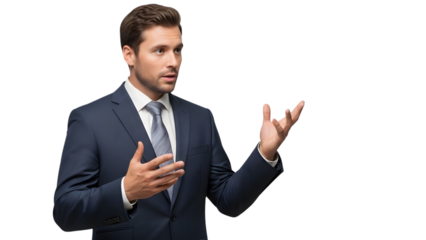 Professional man gesturing and explaining isolated on transparent background