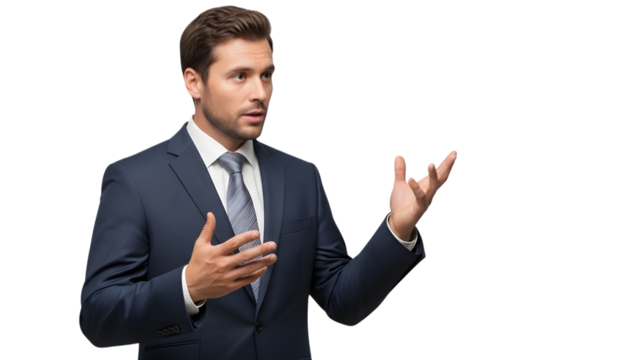 Professional man gesturing and explaining isolated on transparent background