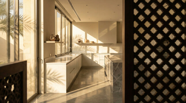 A sleek kitchen with artistic shadows, ideal for modern interior design themes.