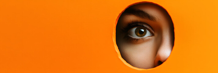 Woman’s Eye Looking Through Circular Hole in Orange Paper