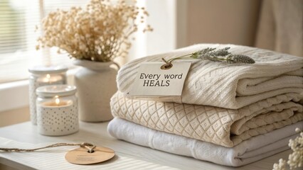 Stack of folded blankets with quote about healing words