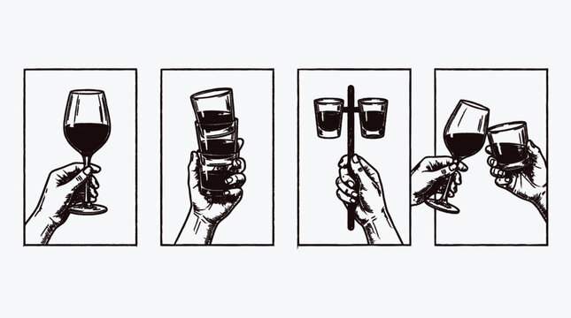 Variety of Drinks Presented in a Stylized Black and White Drawing