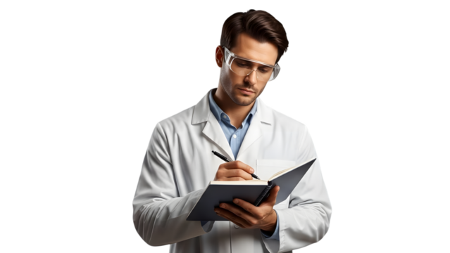 Focused male scientist taking notes in lab isolated on transparent background