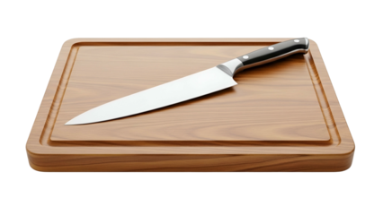 A sharp kitchen knife rests on a wooden cutting board with a recessed groove