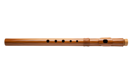 A brown wooden flute, lying horizontally against a black background