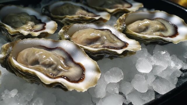 A row of fresh Kumamoto oysters on a bed of ice, each shell gleaming with seawater droplets