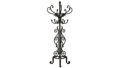 Ornate, tall black wrought-iron coat rack against a pure black background