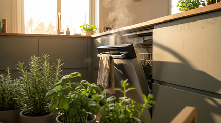 A contemporary kitchen with a steaming dishwasher, great for culinary efficiency.