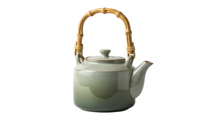 A ceramic teapot with a bamboo handle. Simple design. Teal color. Isolated on black
