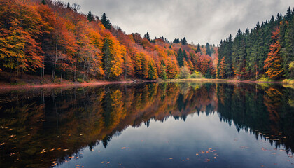 Obraz premium Autumn Forest Reflection in Calm Lake