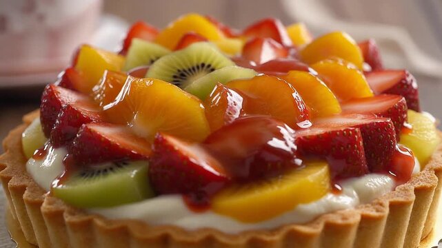 A tart with layers of colorful fruits and a glossy, sweet glaze