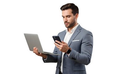 Modern businessman using laptop and phone isolated on transparent background