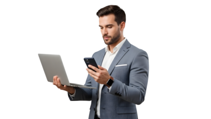 Modern businessman using laptop and phone isolated on transparent background