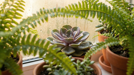 Close-up of lush indoor plants with raindrops on a window, perfect for home decor or gardening blogs.
