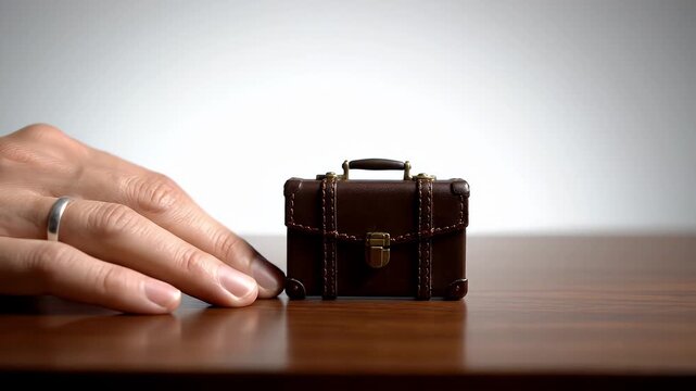 Hand Reaching for Miniature Brown Leather Suitcase on Wooden Surface with Clean Background, Business, Finance and Travel Concept
