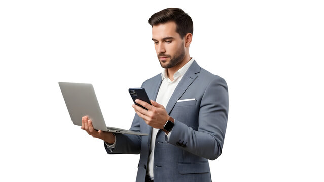 Modern businessman using laptop and phone isolated on transparent background