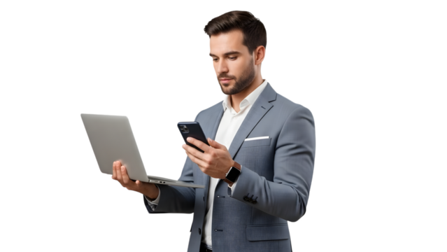 Modern businessman using laptop and phone isolated on transparent background - Powered by Adobe