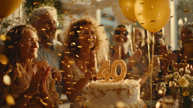 Radiant Gold Glitter 40th Number with Dynamic Confetti Explosion, Bright Anniversary Celebration Background - Powered by Adobe