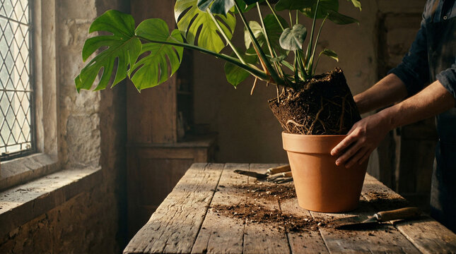 Monstera plant repotting on a rustic wooden table, with sunlight illuminating the scene. Ideal for gardening blogs or indoor plant care guides. - Powered by Adobe