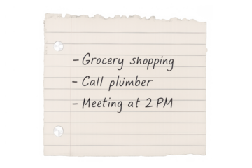 List of everyday tasks, including grocery shopping and a meeting, written on a ripped piece of paper for reminder and organization