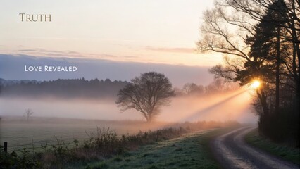 Sunrise illuminating foggy landscape with trees and path