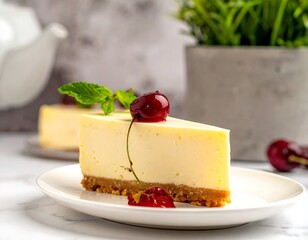 Cheesecake slice on white plate with cherry garnish; blurred teapot and potted plant background