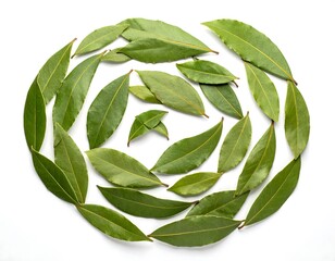 Arrangement of green bay leaves in a circular shape against a white background, leaves pointing inwards