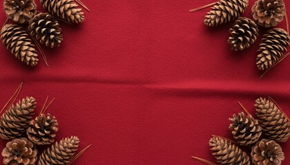 Red fabric with pine cones framing empty space