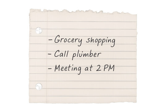 List of everyday tasks, including grocery shopping and a meeting, written on a ripped piece of paper for reminder and organization
