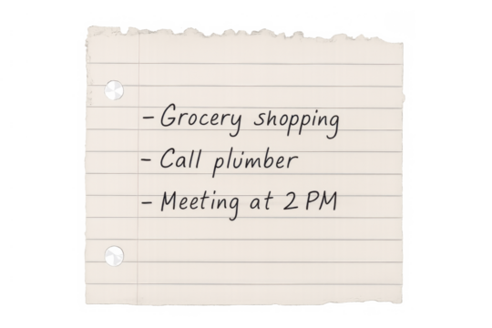 List of everyday tasks, including grocery shopping and a meeting, written on a ripped piece of paper for reminder and organization