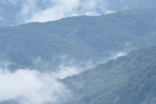 Misty mountain landscape with rolling hills under soft clouds during morning light