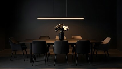 Elegant Dining Room with Modern Lighting and Dark Decor.