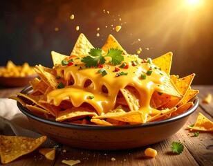 Cheese-smothered nachos, topped with cilantro and diced chilis, fill a brown bowl on a wooden table with soft lighting